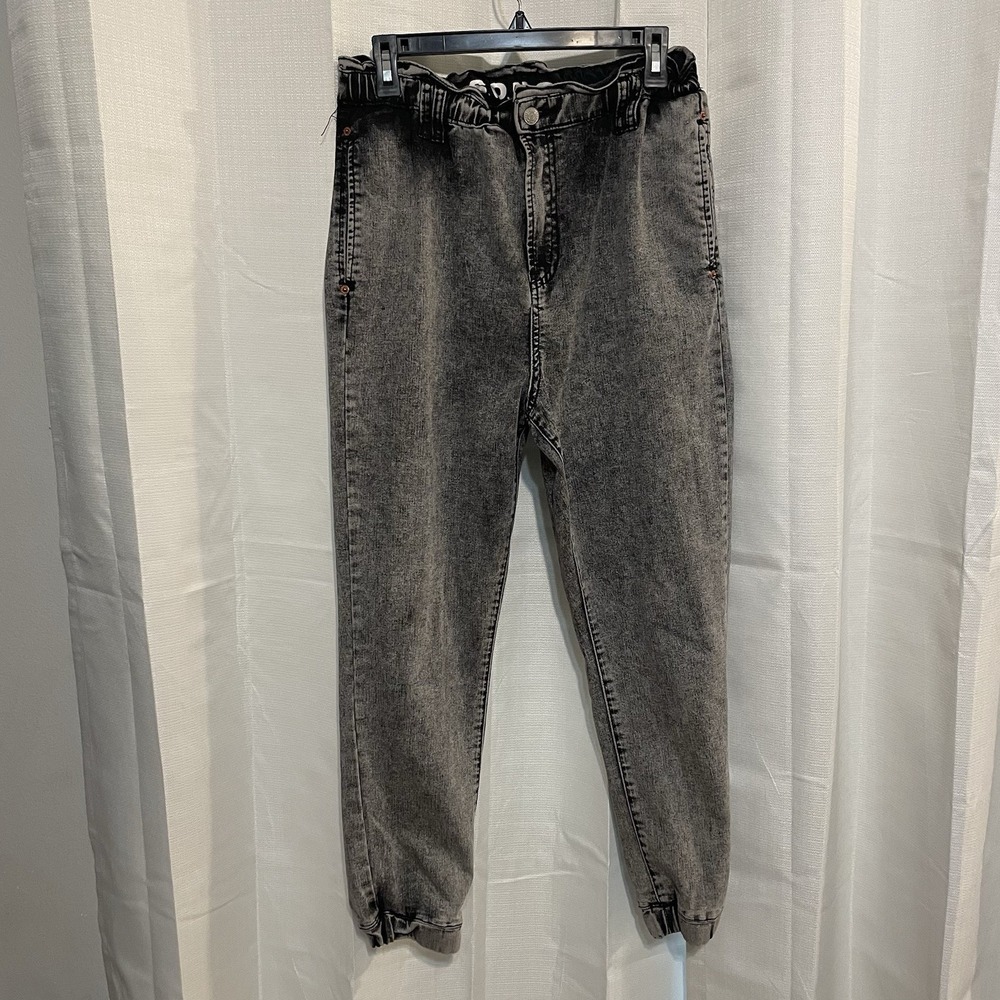 SONG Jeans Women Size 9/29 Black Acid Wash Elastic Waist Hem‎ Zipper Goth Y2K